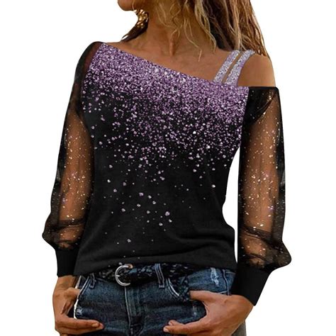 Cheap Cold Shoulder Splicing Printed Top Loose One Shoulder Sequined