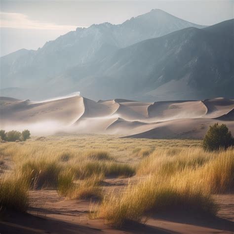 Premium Ai Image Mountains In The Distance With A Few Grass And Sand