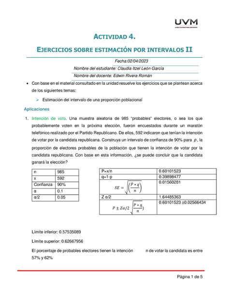 A Cilg Tarea Actividad Ejercicios Sobre Estimacin Por