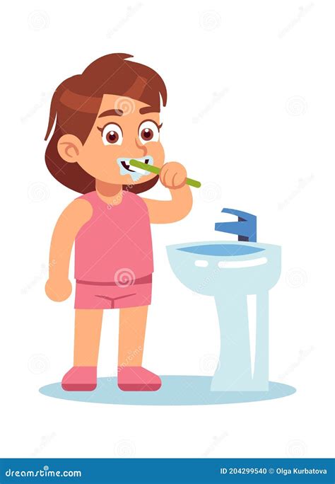 Girl Brushing Teeth. Cute Child in Bathroom Morning and Evening Routine, Dental Care with ...