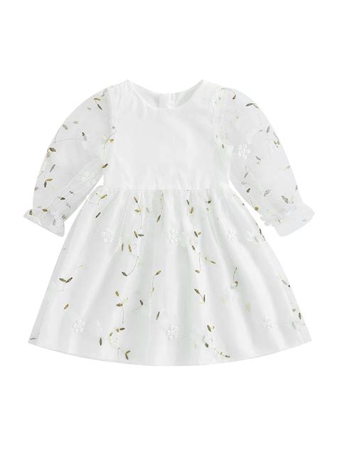 Emmababy Girls Sheer Mesh Dress With Flower Embroidery And Long Puff