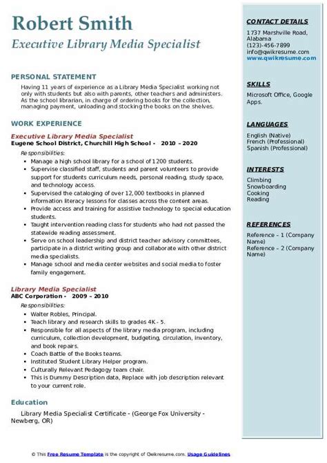 Library Media Specialist Resume Samples Qwikresume