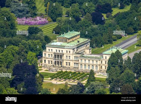 Aerial view Villa Hügel and rhododendron blossom in the park former