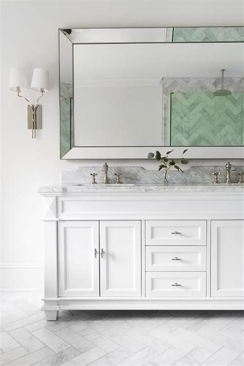 Large Beveled Beaded Mirror Over White Dual Bath Vanity Transitional