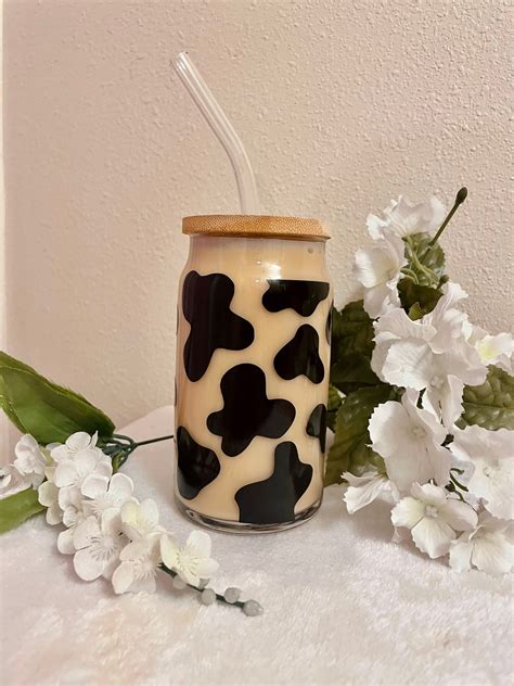 Cow Print Glass Cup With Bamboo Lid And Glass Straw 16 Ounces Etsy