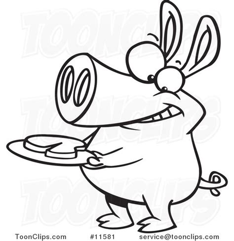 Cartoon Outlined Pig With Meat On A Plate 11581 By Ron Leishman