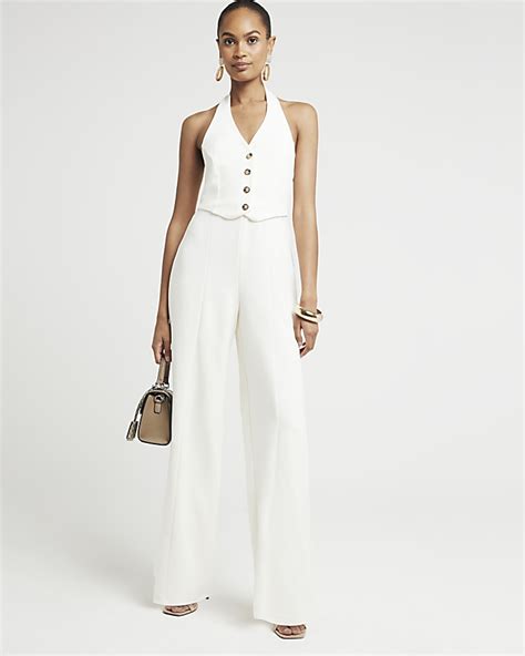 Cream Halter Neck Waistcoat Jumpsuit River Island