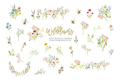 Wildflowers Watercolor Clipart Greeting Cards Floral Etsy