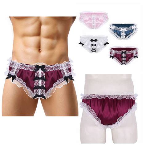 Mens Soft Shiny Ruffled Floral Lace Low Rise Stretchy Bikini Sissy Briefs Underwear Uygun