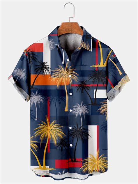 Mens Tropical Coconut Tree Print Casual Short Sleeve Hawaiian Shirts