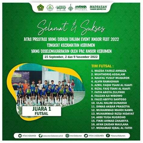 Tim Futsal Mts Negeri 1 Kebumen Raih Juara 1 Di Ansor Fest 2022 Mts