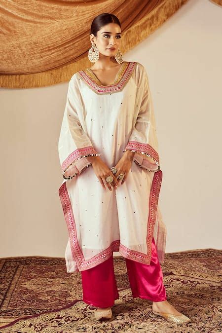 Buy Ivory Kurta Pure Chanderi Hand Embroidered Mumtaaz Kaftan And Pant