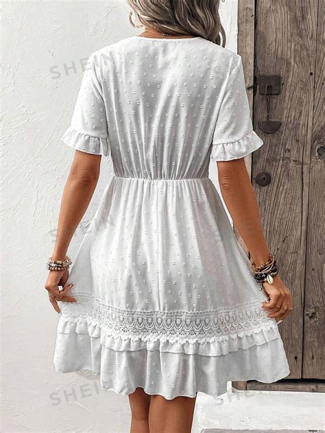 Shein Lune Swiss Dot Guipure Lace Insert Ruffle Hem Dress Shein Usa