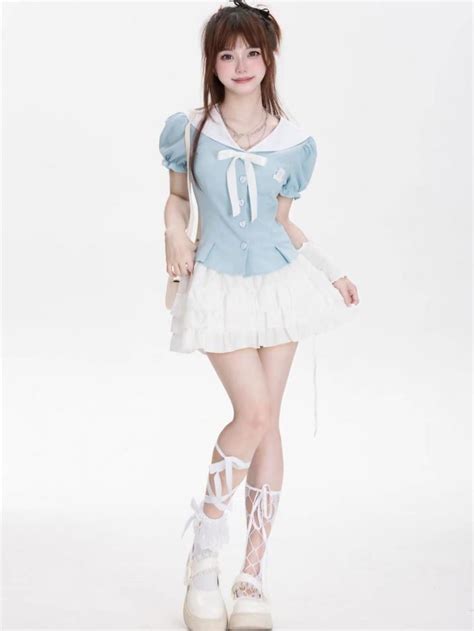 Sailor Collar Blue Short Sleeve Blouse