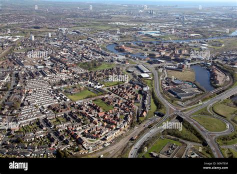 Aerial View Of Stockton On Tees With The A66 And River Tees Prominent Uk