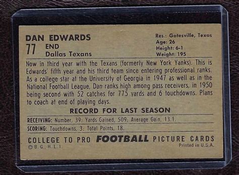 Bowman Large Football Card Dan Edwards Dallas Texans Ex Ebay