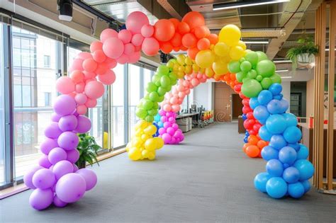 A Colorful Balloon Arch in Rainbow Colors Decorates the Entrance To an Office Event. Generative ...