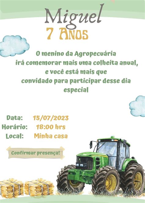 Convite Trator Agronomia John Deer Festa De Anivers Rio Trator