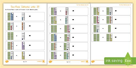 Tens Frame Subtraction Within 20 Worksheets Teacher Made