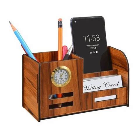 Deskart Brown Wooden MDF Pen Stand With Clock Visiting Card Mobile