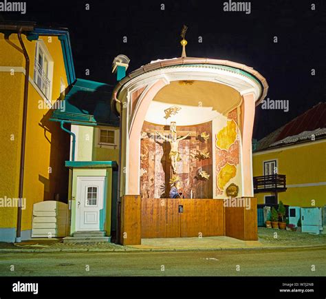 The Scenic Kreuzkapelle Holy Cross Chapel In Bright Evening Illumination Bad Ischl Austria