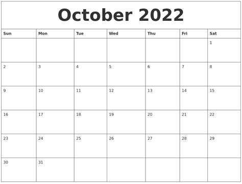 October 2022 Large Printable Calendar