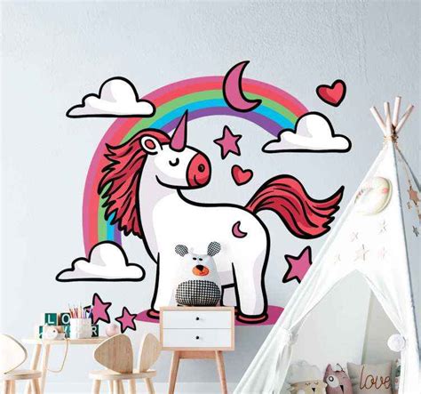 Vinilo Decorativo Infantil Unicornio Con Arcoiris Y Nubes Tenvinilo