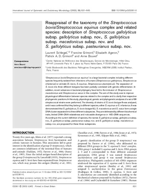 Pdf Reappraisal Of The Taxonomy Of The Streptococcus Bovis