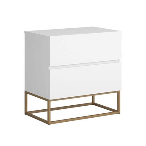 Mesa Cabeceira Eros 2 Gavetas estilo Industrial Branco Pés Dourado