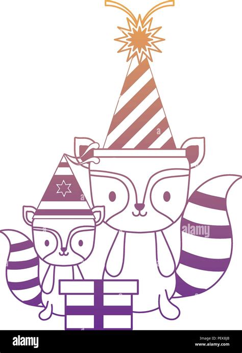 Happy Birthday Design With Cute Raccoons With Party Hats Over White