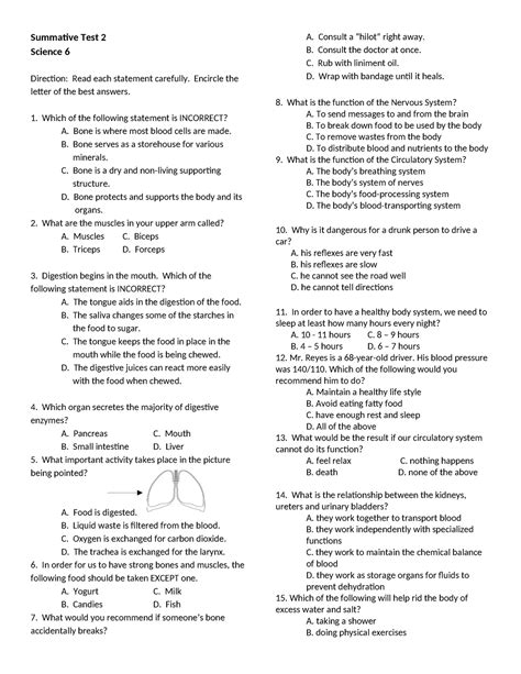 Summative Test Science 6 Q2 Wk1 4 Summative Test 2 Science 6 Direction Read Each Statement