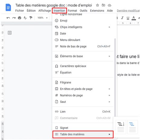 Table Des Mati Res Google Doc Mode D Emploi