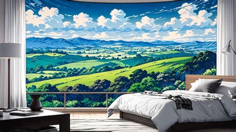 A bedroom with a painting of a landscape and a landscape | Premium AI ...