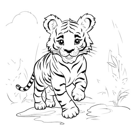 Premium Vector | Black and white illustration of a tiger cub standing on the ground