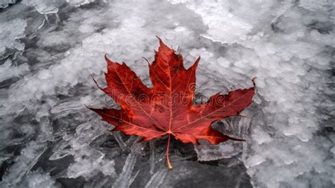 Canada Independence Day Red Maple Leaf On Ice Close Up Ai Generated