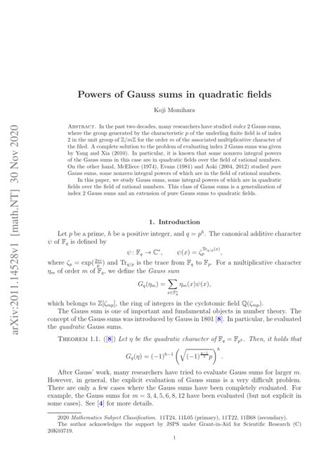 Pdf Powers Of Gauss Sums In Quadratic Fields