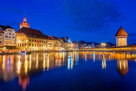 Night View of Kapellbruecke at Swiss Town Luzern Stock Photo - Image of ...