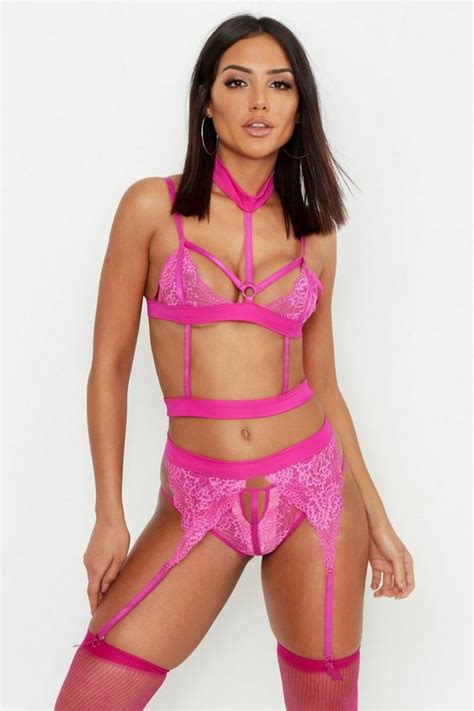 Lace Strapping Bralet Thong And Suspender Set Boohoo