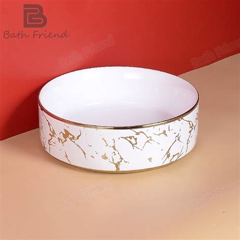 Round Gold Edge Basin Decals Pattern White Basin Sink Ceramic Wash