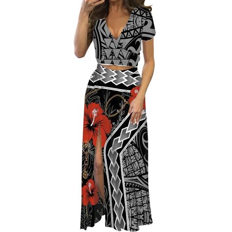 Summer Ladies Beach Party Sexy Slit Bodycon 2 Piece Dress Polynesian Hawaiian Tribal Clothing