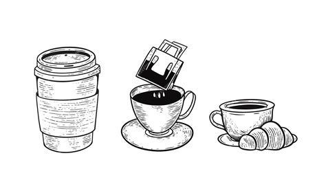 Premium Vector A Sketch Of Coffee Cups With A Bag Of Coffee