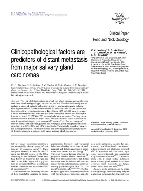 Pdf Clinicopathological Factors Are Predictors Of Distant Metastasis From Major Salivary Gland