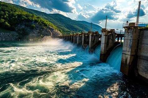 Hydroelectric Dam on a River with Water Flowing through the Turbines ...