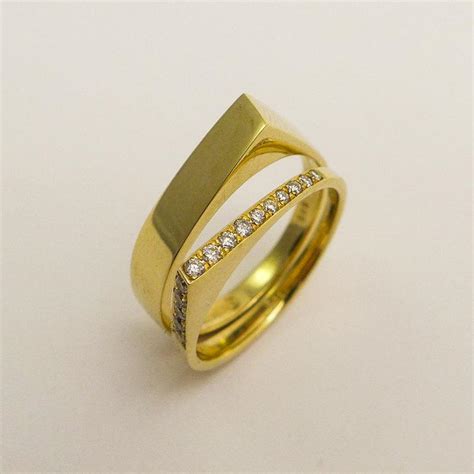 Modern Engagement Wedding Rings Set 14 Karat Gold And Diamonds Stacked