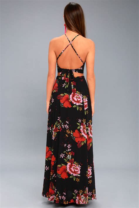 Lovely Black Dress Floral Print Dress Two Piece Maxi