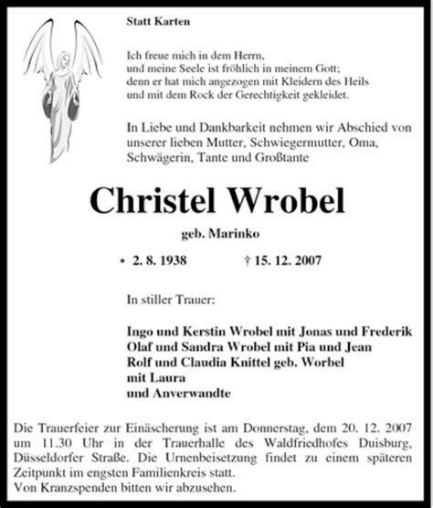 Traueranzeigen Von Christel Wrobel Trauer In NRW De