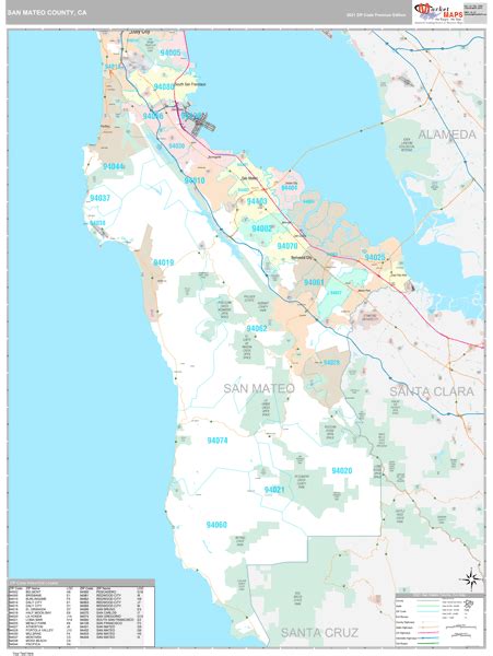 San Mateo County CA Zip Code Wall Map Premium Style By MarketMAPS