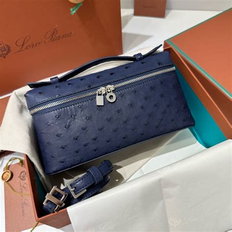 Replica Loro Piana Extra Pocket Pouch L19 In Blue Ostrich Embossed Leather