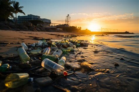 Polui O Da Praia Retratada Garrafas Pl Sticas E Lixo Espalhado