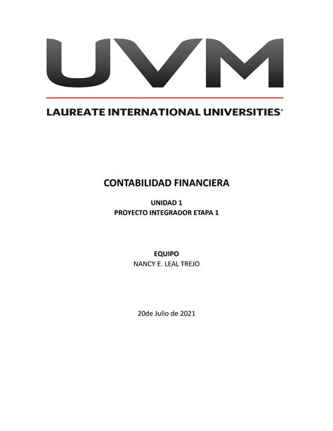 Proyecto Integrador Contabilidad Contabilidad Financiera Unidad